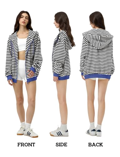 FAIABLE Striped Zip Up Hoodie Women Oversized Sweatshirt Hoodies Zipper Sweaters Pullover Cotton Vintage Preppy Shirt Outfits