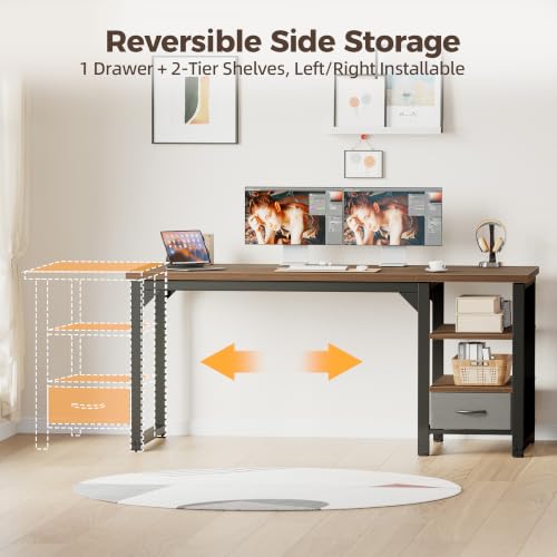 Image of Mericonia 48 in Computer Desk with Drawer, 1 inch Thick Reversible Office Desk | Modern Writing Table with Storage Shelves, Heavy Duty Industrial Study Desk for Home Bedroom Work