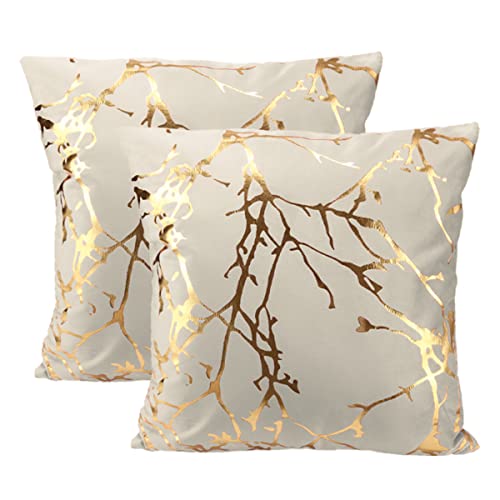 IDOCOLORS Lot de 2 Housses de Coussin en Velours Taie d'oreiller Décorative à Branches d'or pour Canapé, Chambre, Voiture Crème 45x45 cm Cover