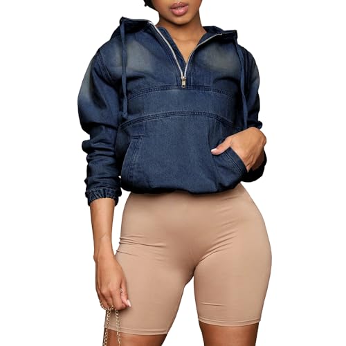 PINSV Women's Half Zip Denim Hoodie Pullover Jacket Jean Sweatshirt Tops3