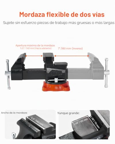 Miniatura 3 de Vevor Tornillo De Banco De Trabajo Con Base De Bloqueo Giratoria De 360 , Ancho De Mordaza De 140 Mm, Apertura Máxima De 140 Mm, Garganta De 73 Mm, Mordazas Bidireccionales Para Sujetar Tubos Redondos