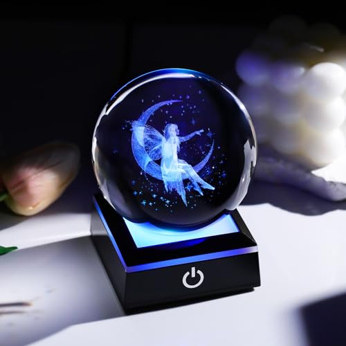 Image of Arikyrist 3D Crystal Ball Moon Fairy Figurine with Colorful LED Base, Fairy Gifts for Women Girls on Christmas Birthday, Fairy Statue Glass Globe Decorative Ball for Home Decor (80mm)