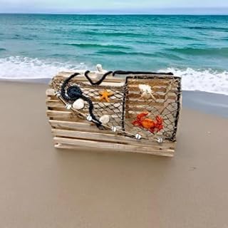Decorative Lobster Trap Decor – Well Crafted Distressed Wood - Features Fishnet, Seashells Crab Starfish - Nautical Decorations for Home, Boats and Beach House - Decorative Crab Trap Gift Box