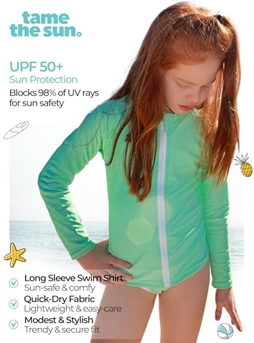 Image of Girls Long Sleeve Swim Shirt UPF 50+ Rash Guard One Piece Zipper Swim Shirt