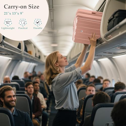 Gets Carry on Luggage Airline Approved,20 Inch Abs+Pc Hardshell Spinner Luggage With Cup Phone Holder and USB Charger,Front Pocket Durable Suitcase for Women Men-Pink2