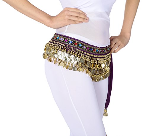 Whitewed Arabesque Velvet Belly Dancer Hip Scarf Colorful Jeweled Trim Gold Coin