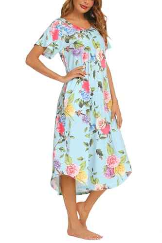 YOZLY Nightgowns for Women Short Sleeve Long Night Gowns Soft V Neck Sleepwear with Pockets3