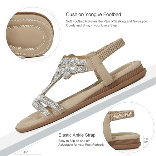 Image of iCKER Womens Rhinestone Strappy Flat Sandals Elastic Ankle Strap Open‑Toe