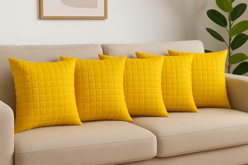 Image of Premium Quilted Cushion Cover 16x16 Inch - Dupion Silk Blend - Soft & Durable Decorative Pillow Cover for Sofa, Bed, Living Room - Set of 5 pc (Red Gold)