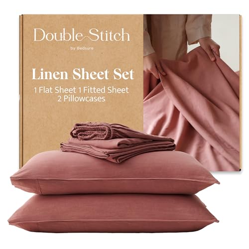 Double Stitch European Flax Linen Sheets King - Breathable Linen Blend Bedding Set 4 PC, Sustainable, Moisture-Wicking & Cooling Sheet Set, Deep Pocket Up to 16'', Featured in USA Today, Brick Rose