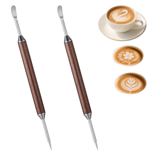 Classicseali 16cm Doppelseitige Latte Art Stift,2 Stück Kaffee Kunst Stift,Edelstahl mit Holzgriff,Professioneller Barista Latte Art Pen für Cappuccino,Latt,Espresso Dekorieren,Barista Zubehör