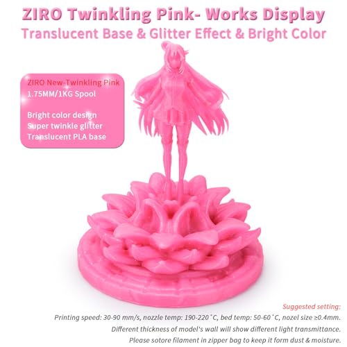 Image of ZIRO Sparkle PLA Filament 1.75mm, Shiny Glitter with Transluent PLA Base, Twinkling 3D Printer Filament, Galaxy Colorful Printing Material, 1kg /2.2lbs Spool, Twinkling Pink
