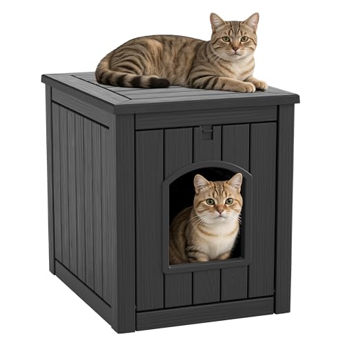 Image of Cat Litter Box Enclosure, Openable Front Door Outdoor Enclosed Cat Litter Box, Outdoor Cat House Weatherproof Raised Floor, Easy to Clean, Black