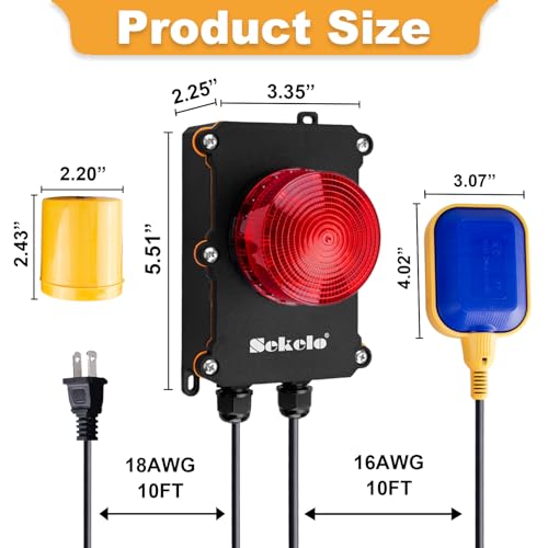 Sump Pump Alarm,Sekelo High Water Alarm with 10ft Level Float Switch,110dB Loud Alarm and High Brightness LED Indicator ,IP67 Indoor/Outdoor Use,Ideal for Septic Sump Pump Pond Water Tank