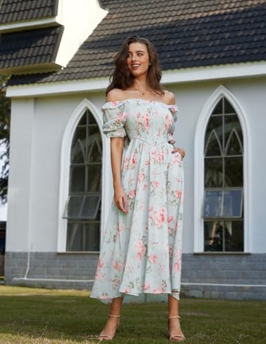 Image of Scarlet Darkness Floral Dress for Women Summer Puff Sleeve Square Neck A Line Flowy Wedding Guest Tea Party Dresses