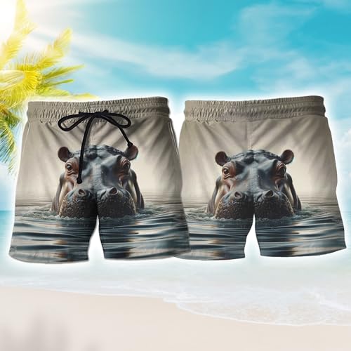 Funny Hippo Mens Swim Trunks - Animal Lover Hawaiian Mens Swim Short Beach Shorts TU-SH-202