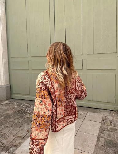 Perbai Womens Floral Cropped Quilted Jacket Lightweight Reversible Open Front Puffer Cardigan Coat4