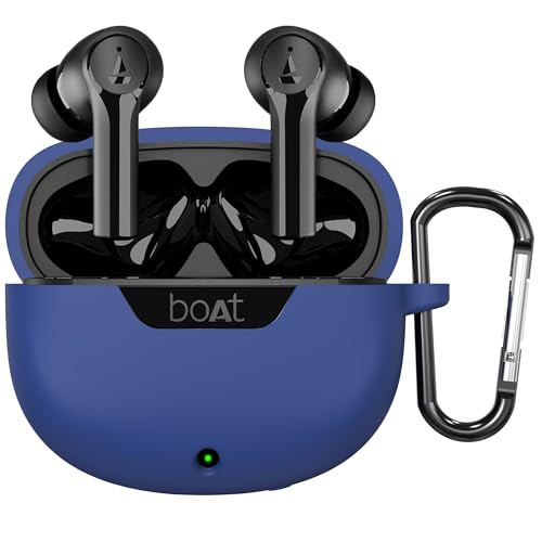 Image of Sounce Earphone Case Cover for Boat Airdopes 300 Premium TWS Soft Silicone Skin Case Cover Shock Absorbing Protective Case with Keychain [Front LED Visible] - Blue