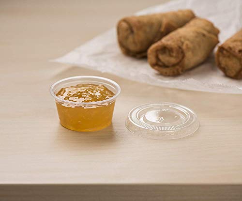 Image of GUSTO 2 oz Jello Shot Cups with Lids [100 Count] Clear Plastic Portion Containers, Condiment Cups for Sauces, Dressings & Samples - Durable, Stackable, Leak-Resistant (Formerly Comfy Package)