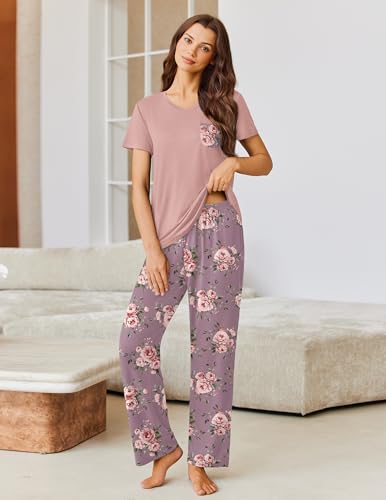 Image of Ekouaer Pajama Sets for Women 2 Piece Short Sleeve Pj V Neck Chest Pocket | Ladies Pajama Sets with Printed Long Pants, Soft Matching Pj Sleepwear, Casual Loose Fall Loungewear, S-XXL