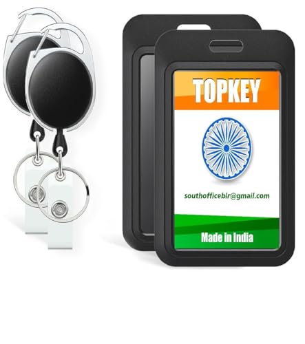 Image of TOPKEY 2 Pack Sliding Badge Holder Hard Black Vertical Plastic Card Case Protector with Retractable Badge Reel Carabiner for Office School ID Credit Proximity Key Card Driver’s License and Pass
