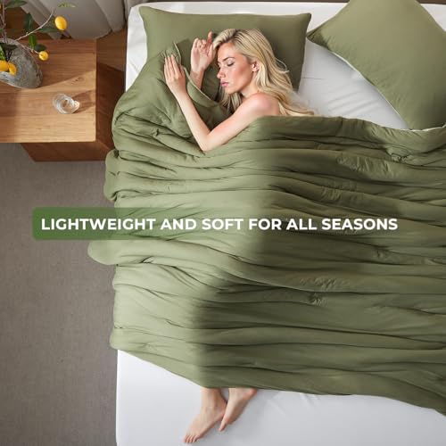 Image of Full Size Comforter Set, Comforters Full Size Luxury Ultra-Soft Jersey Knit Bedding Set, Olive /Sage Green Lightweight Down Alternative Bed Comforter for All Season, 3 Piece Bedding Set
