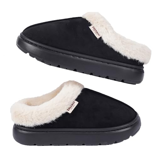 Women's Slippers Fluffy Memory Foam Suede Slippers Winter House Shoes Indoor and Outdoor (Black, Adult, Women, 13, Numeric Range, US Footwear Size System, 14, XX-Wide)