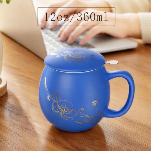 Image of Yundu 12 OZ Ceramic Mug with Lid & Tea Strainer - Matte Blue Tea Cup with Golden Flower, Stainless Steel Infuser for Loose Leaf Tea