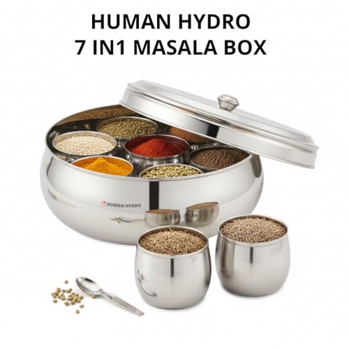 Image of Human Hydro Premium Belly Shape Masala Dabba (18 cm, 7-in-1) | Stainless Steel Spice Box with See-Through Lid, 7 Containers & 1 Spoon | Compact Airtight Masala Box