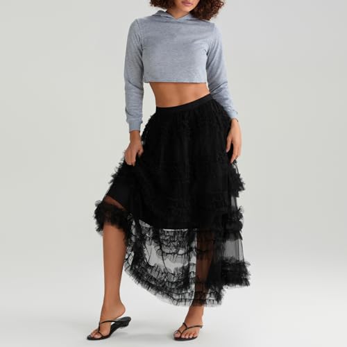 Women Long Tulle Tiered Skirt Fairy Skirt Tutu A-Line Sheer Mesh Layered High Elastic Waist Streetwear Skirts4