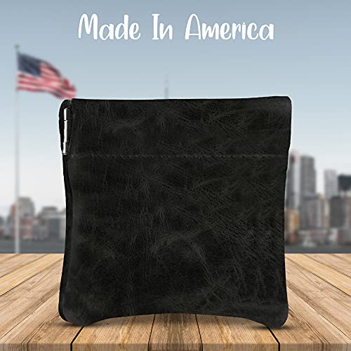 Image of Nabob Leather Genuine Leather Squeeze Coin Purse, Coin Pouch Made IN U.S.A. Change Holder For Men /Woman Size 3.5 X 3.5 (Distressed Black)