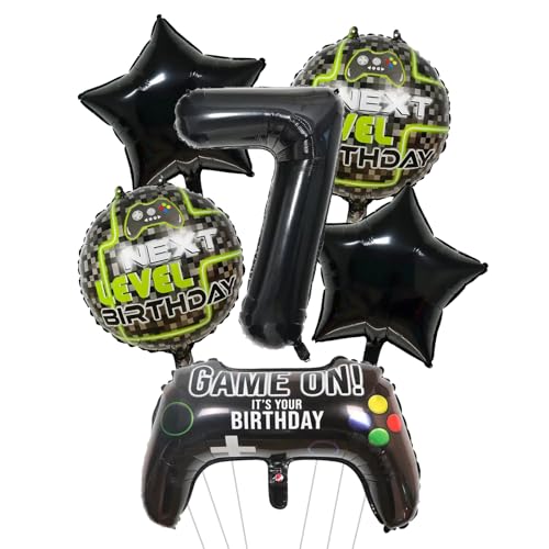 Ballon chiffre 7 jeu vidéo anniversaire garçon - Lot de 6 ballons aluminium pour fête 5 ans