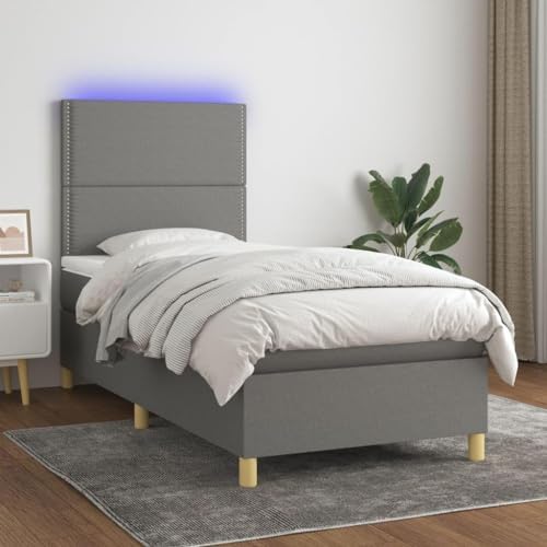 CHARMMA Box Spring Bed with Mattress&LED Dark Gray Twin Fabric, Beds & Accessories