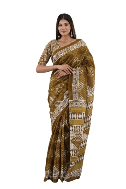 Kiaaron Handicrafts Ikat - Sari de algodón con estampado a mano Jaipuri para mujer con blusa, Mustard_SN, talla única