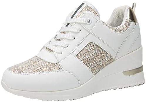Viscozzy High Heel Wedge Sneakers for Women - White Lace Up Fashion Casual High Heel Shoes Walking Shoes Hidden Sneakers W138-SZW35-BEIGEWHITE-7