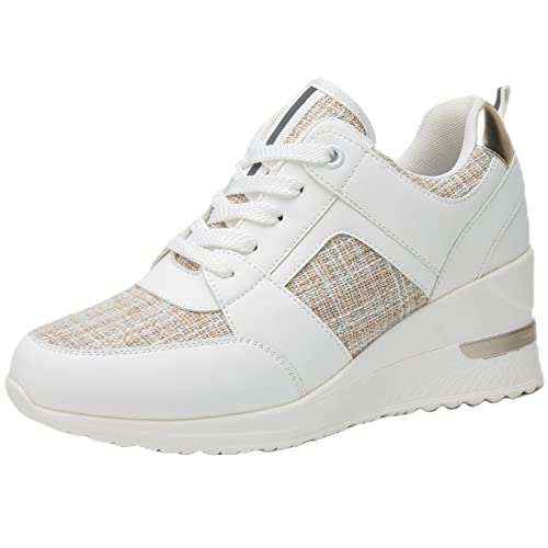 Viscozzy High Heel Wedge Sneakers For Women - White Lace Up Fashion Casual High Heel Shoes Walking Shoes Hidden Sneakers W138-Szw35-Beigewhite-7 #TOP1