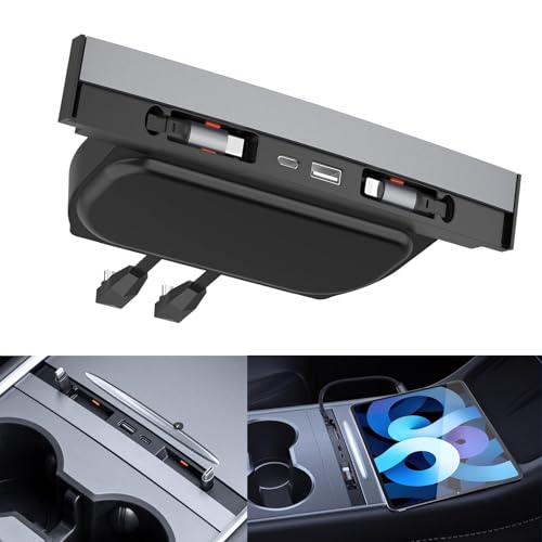 Heart Horse Tesla USB Hub Adaptador de Carga Rápida para Modelo Y Modelo 3 (2021-2024), Estación de acoplamiento de consola central con cable retráctil y cubierta deslizante para accesorios interiores