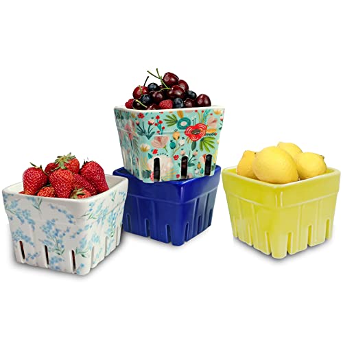 Leazul Ceramic Berry Basket Set Of 4, Colander, Farmhouse Square Bowl. Rustic Kitchen Decor Fruit Bowls, Fruit Baskets,Blue Yellow And Floral Flowers Pattern Stoneware Harvest Bowls Kitchen Bowl #TOP2