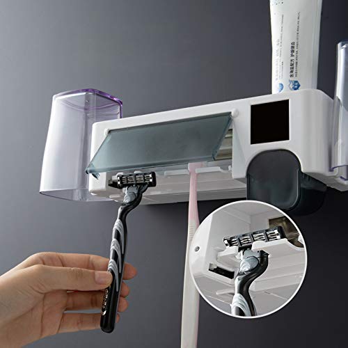 GOAUS Toothbrush Holder Wall Mounted with Sterilizer Function Toothpaste Dispenser,Toothbrush Sanitizer with Toothpaste Squeezer,Electric Toothbrush Organizer,Bathroom Set for Family Kids
