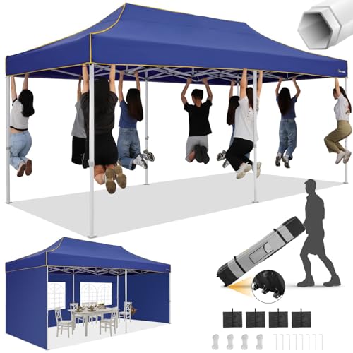 Image of HOTEEL 10x20 Heavy Duty Pop Up Canopy Tent with 4 Sidewalls, Commercial Outdoor Canopy Tents for Parties Event Wedding with Roller Bag, Waterproof & UV 50+, Upgraded Thick Hexagonal Legs, Deep Blue