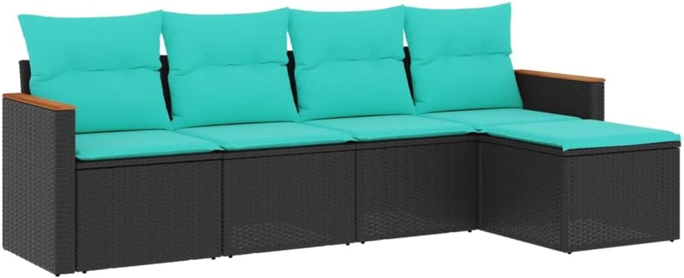 vidaXL Patio Sofa Set with Cushions - 5 Piece Outdoor Modular Black Poly Rattan Furniture - Storage, Washable Blue Cushions, Garden Lounge with Acacia Wood Armrest & Footstool