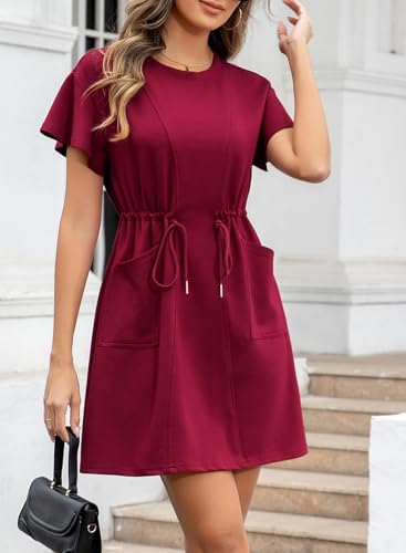 Image of EVALESS Womens Spring Summer Dresses 2026 Casual Round Neck Ruffle Short Sleeve Flowy A Line Mini Dress with Pockets