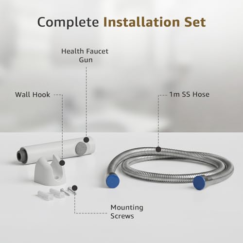 Image of Amazon Basics Health Faucet for Bathroom, White Coated ABS Plastic Body with 1 Meter Stainless Steel Flexible Hose Pipe and Wall Hook, White, Jet Spray for Toilet