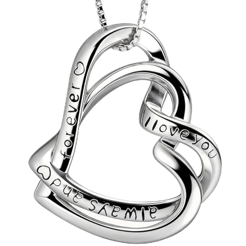 SWEETIME Halskette Damen 925 Sterling Silber Doppelherz Anhänger I Love You Forever Gravur Geschenk für Freundin Frau Mutter Valentinstag Weihnachten Erntedankfest 45cm