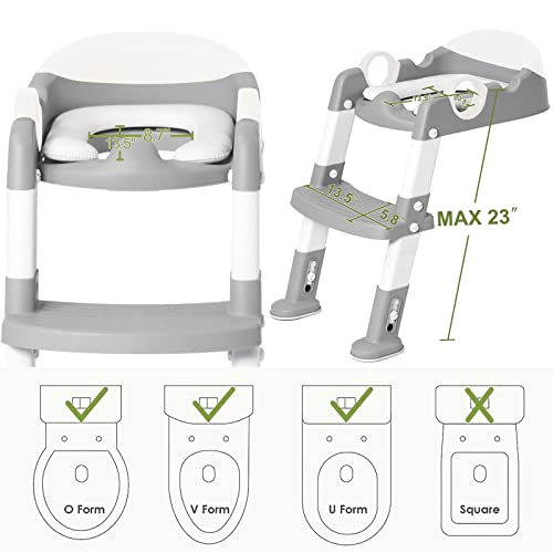Image of Potty Training Seat with Step Stool Ladder for Kids and Toddler,Wiifo Sturdy Potty Ladder with Soft Padded Cushion for Boys and Girls,Toddler Toilet Training Seat Chair(Grey White)