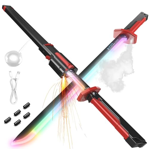 Image of 31.5 inch Spark Sword for Kids and Adults, Led Light Up Sword with Sparks, Sound & Fog, Type-C Rechargeable, Sparking Sword for Anime Cosplay Red