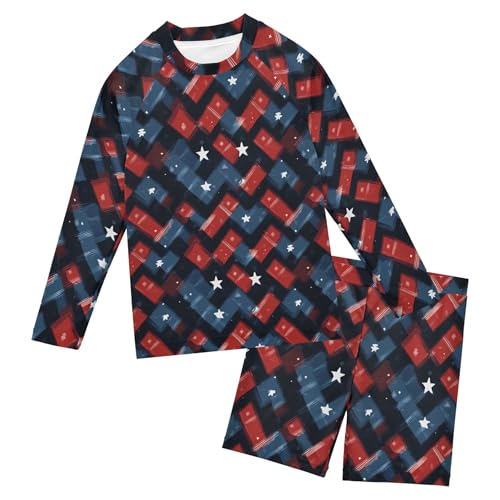 Red and Bule Buffalo Check Plaid Baby Boys' Toddler Long Sleeved Rashguard Swim Bathing Suit Set B0404339