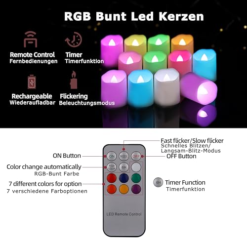 BOWKA 12 rechargeable LED Teelights Candle 7 Color...