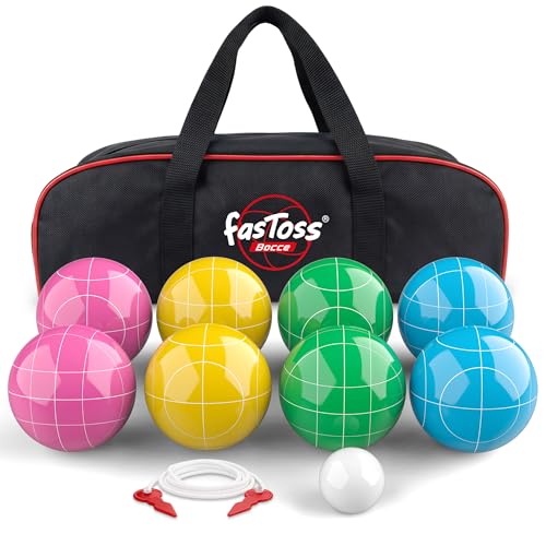 FASTOSS Bocce Ball Set for Backyard Lawn Beach Outdoor Games Complete with 8 Solid Resin Bocci Balls Pallino Measuring Rope & Carry Bag Multicolor for 2-8 Players (100mm)