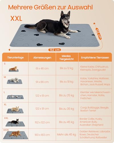 Feandrea Welpen-Unterlagen waschbar, Wiederverwendbare Matten für Hunde, 152 x 122 cm, 2er Set, XXL, Hundetoilette, auslaufsicher, rutschfest, super saugfähig, grau PTD048G01